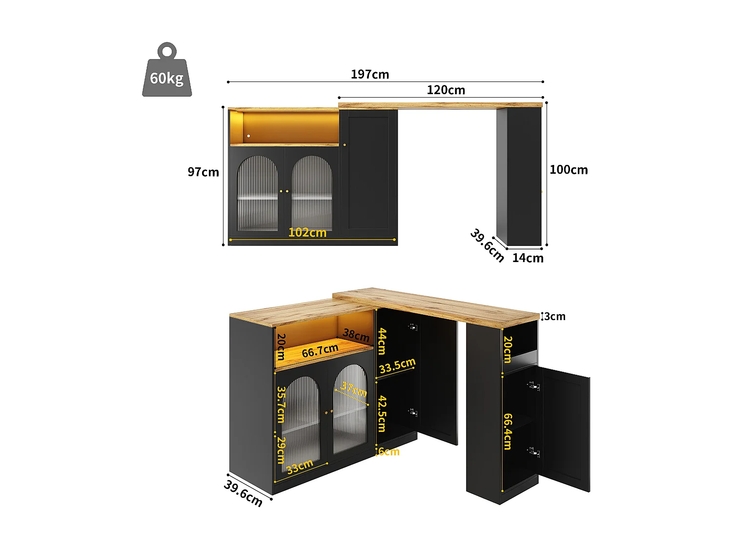 360° draaibaar bar dressoir, matzwarte behuizing met houtlook bovenkant, glazen deur en LED-verlichting, Dressoir, barkast en elegante koffiehoek