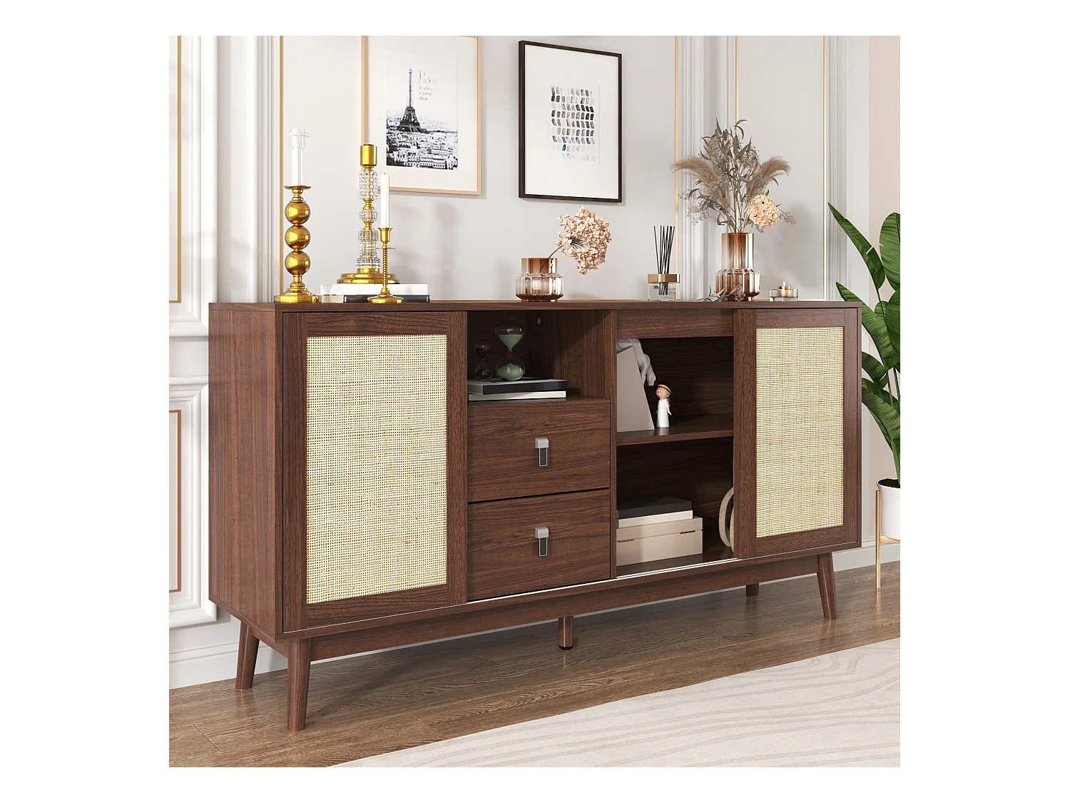 Buffet en rotin naturel 155x38x80 cm, 3 portes coulissantes et 2 tiroirs, respirant, stable et polyvalent, idéal salon, salle à manger et chambre