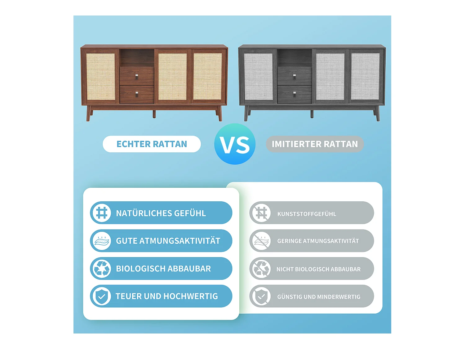 Buffet en rotin naturel 155x38x80 cm, 3 portes coulissantes et 2 tiroirs, respirant, stable et polyvalent, idéal salon, salle à manger et chambre