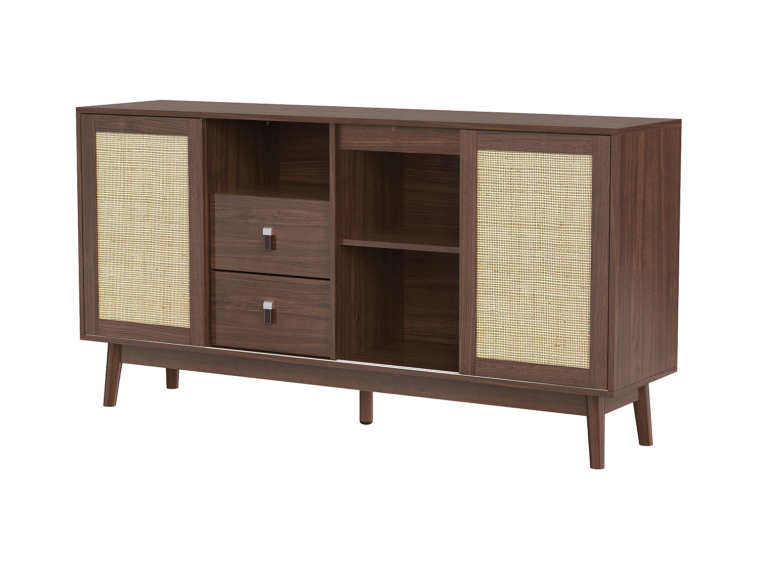 Buffet en rotin naturel 155x38x80 cm, 3 portes coulissantes et 2 tiroirs, respirant, stable et polyvalent, idéal salon, salle à manger et chambre