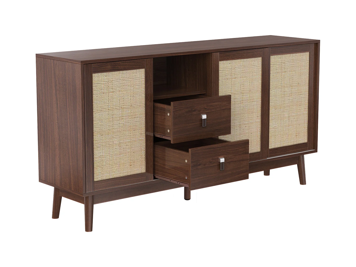 Buffet en rotin naturel 155x38x80 cm, 3 portes coulissantes et 2 tiroirs, respirant, stable et polyvalent, idéal salon, salle à manger et chambre