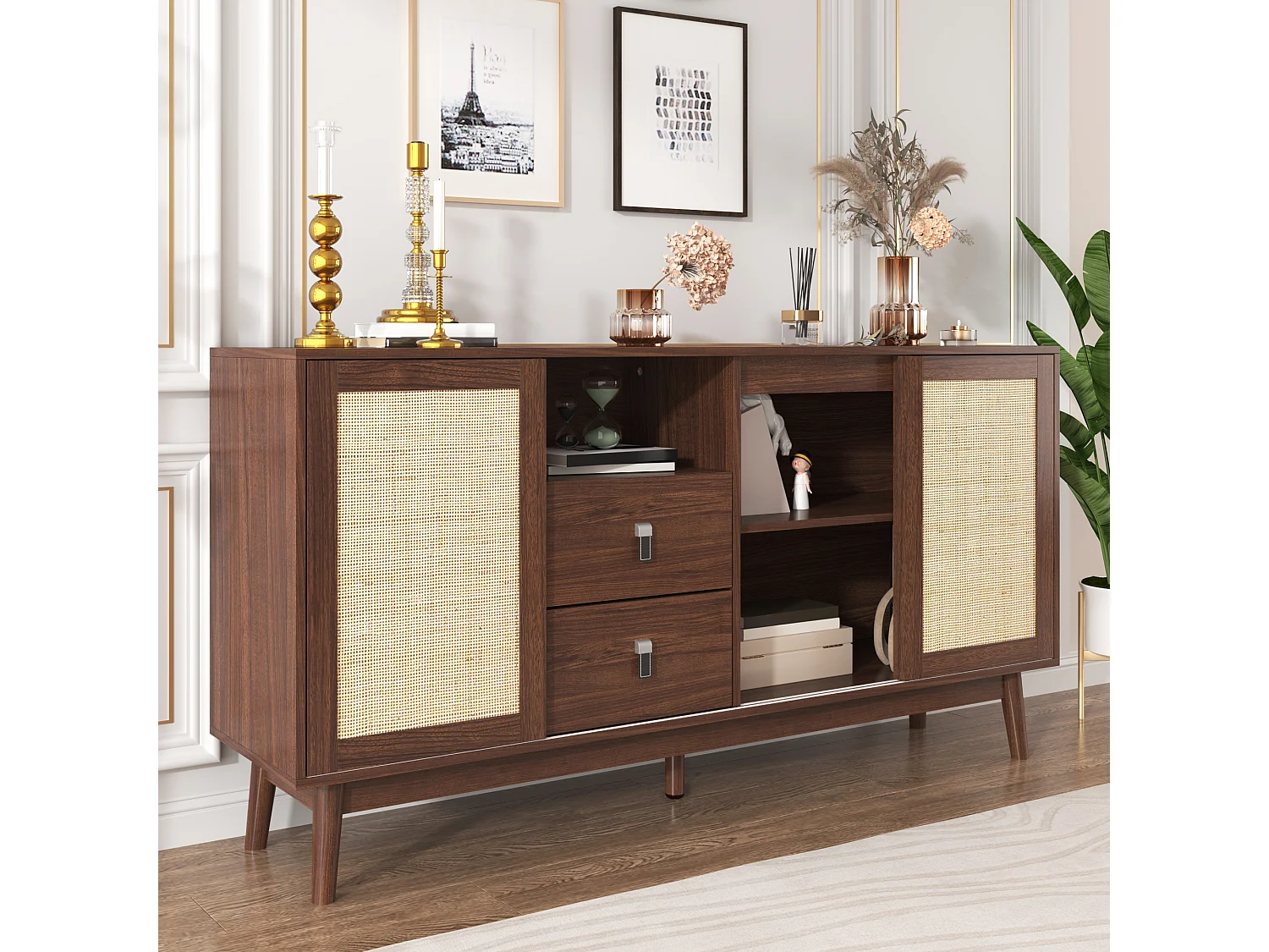 Natuurlijk rotan dressoir 155x38x80 cm, 3 schuifdeuren en 2 lades, ademend, stabiel en veelzijdig, ideaal voor woonkamer, eetkamer en slaapkamer