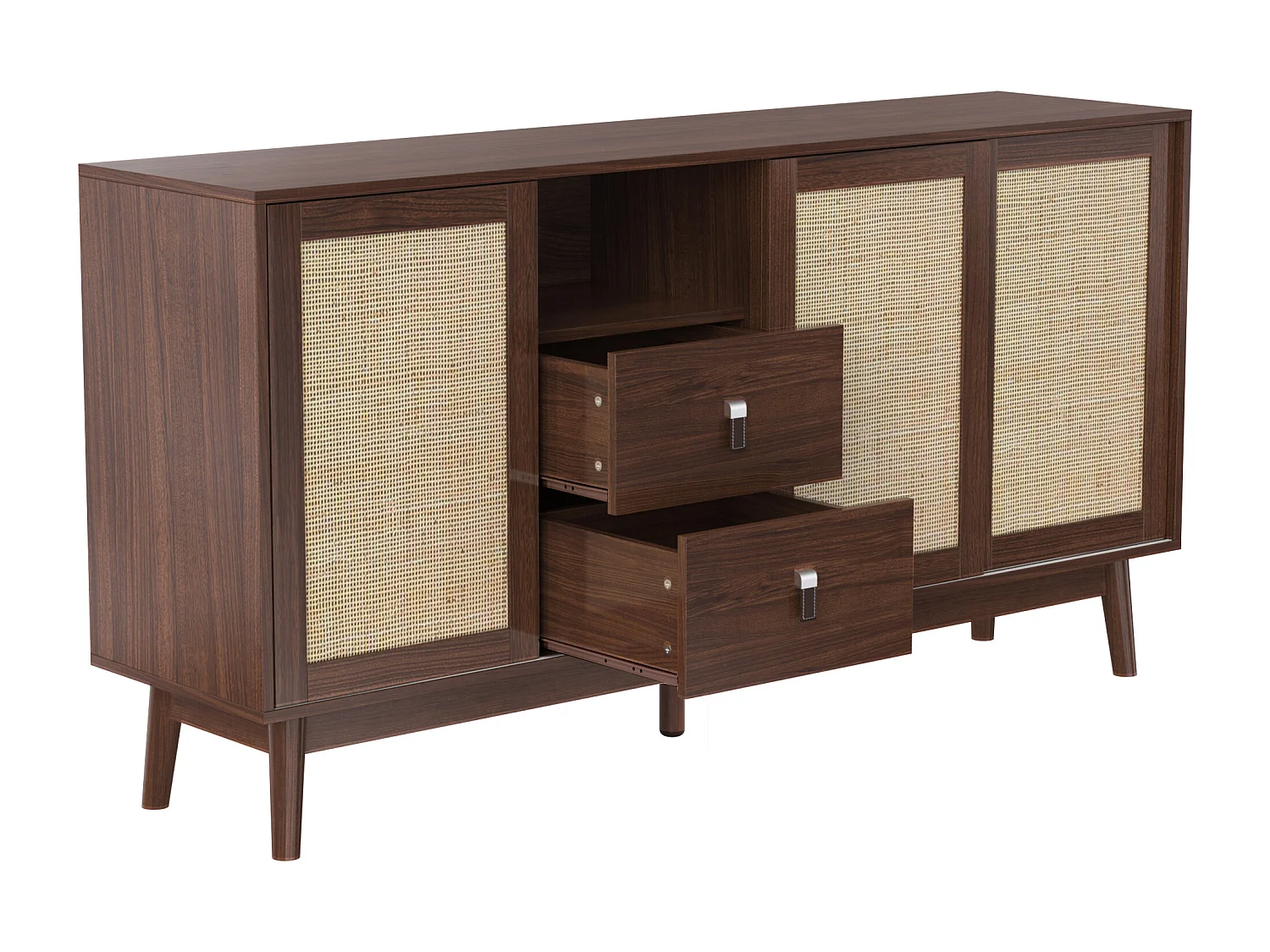 Natuurlijk rotan dressoir 155x38x80 cm, 3 schuifdeuren en 2 lades, ademend, stabiel en veelzijdig, ideaal voor woonkamer, eetkamer en slaapkamer