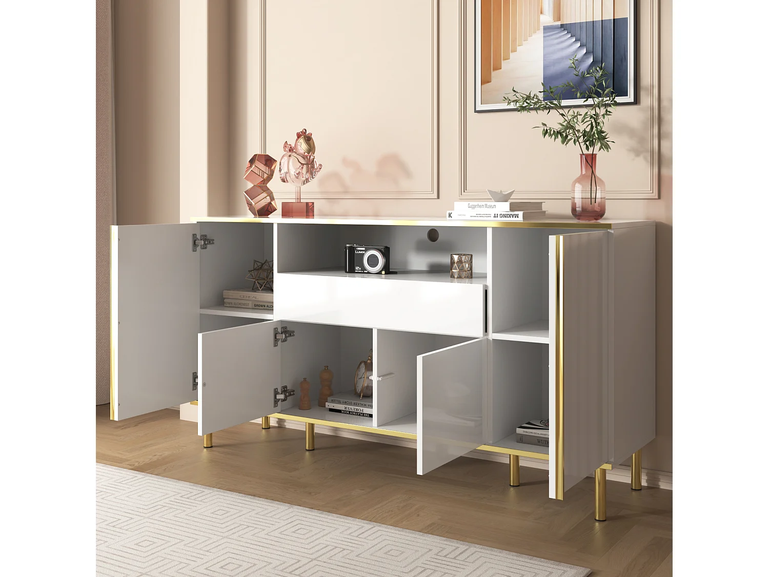 Wit gelakt dressoir met 1 lade - Modern design met hoogglans afwerking, 150 x 40 x 80 cm, elegant en praktisch voor slaapkamer of woonkamer