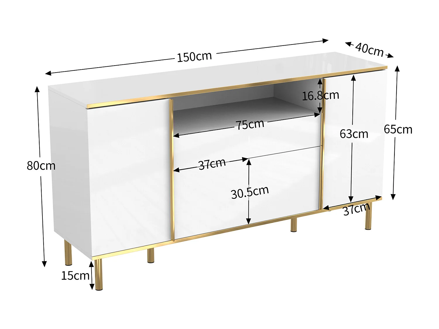 Wit gelakt dressoir met 1 lade - Modern design met hoogglans afwerking, 150 x 40 x 80 cm, elegant en praktisch voor slaapkamer of woonkamer