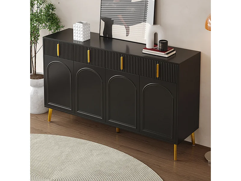 Dressoir met gouden handgrepen en poten, 4 deuren en 4 lades, uitneembare planken, veel opbergruimte, ideaal voor woonkamer en eetkamer