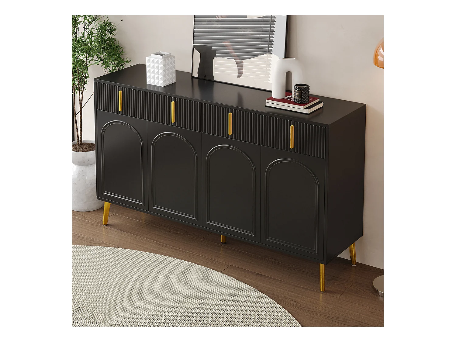 Buffet avec poignées et pieds dorés, 4 portes et 4 tiroirs, étagères amovibles, grand espace de rangement, idéal salon et salle à manger