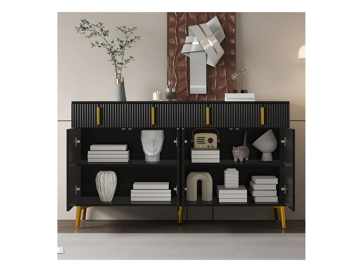 Buffet avec poignées et pieds dorés, 4 portes et 4 tiroirs, étagères amovibles, grand espace de rangement, idéal salon et salle à manger