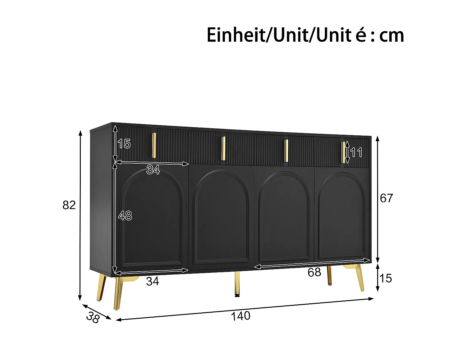 Dressoir met gouden handgrepen en poten, 4 deuren en 4 lades, uitneembare planken, veel opbergruimte, ideaal voor woonkamer en eetkamer