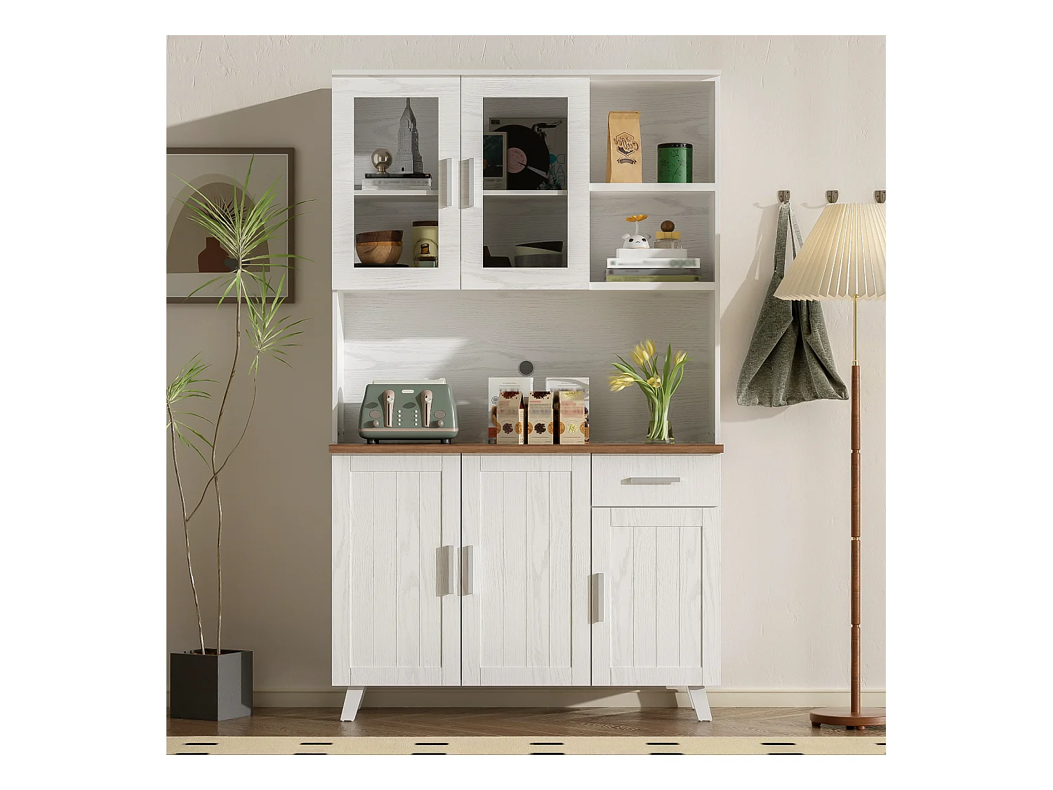 Buffet haut blanc effet bois 114x40x190 cm, grand espace de rangement, design moderne et épuré, idéal salon et salle à manger