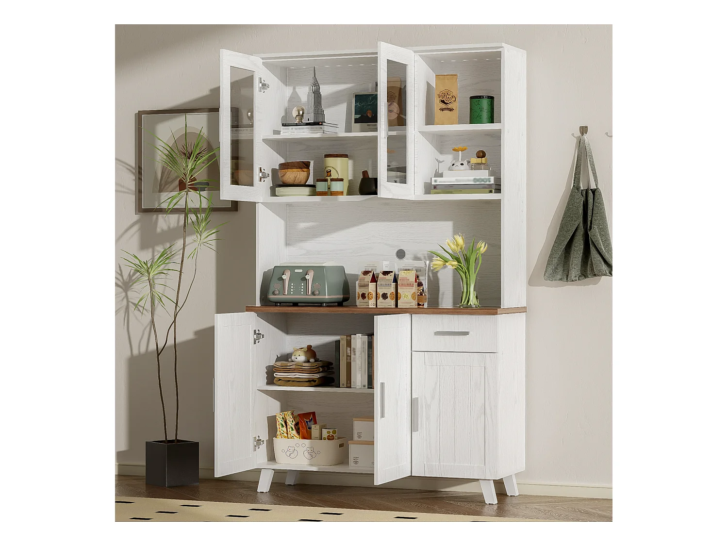 Buffet haut blanc effet bois 114x40x190 cm, grand espace de rangement, design moderne et épuré, idéal salon et salle à manger