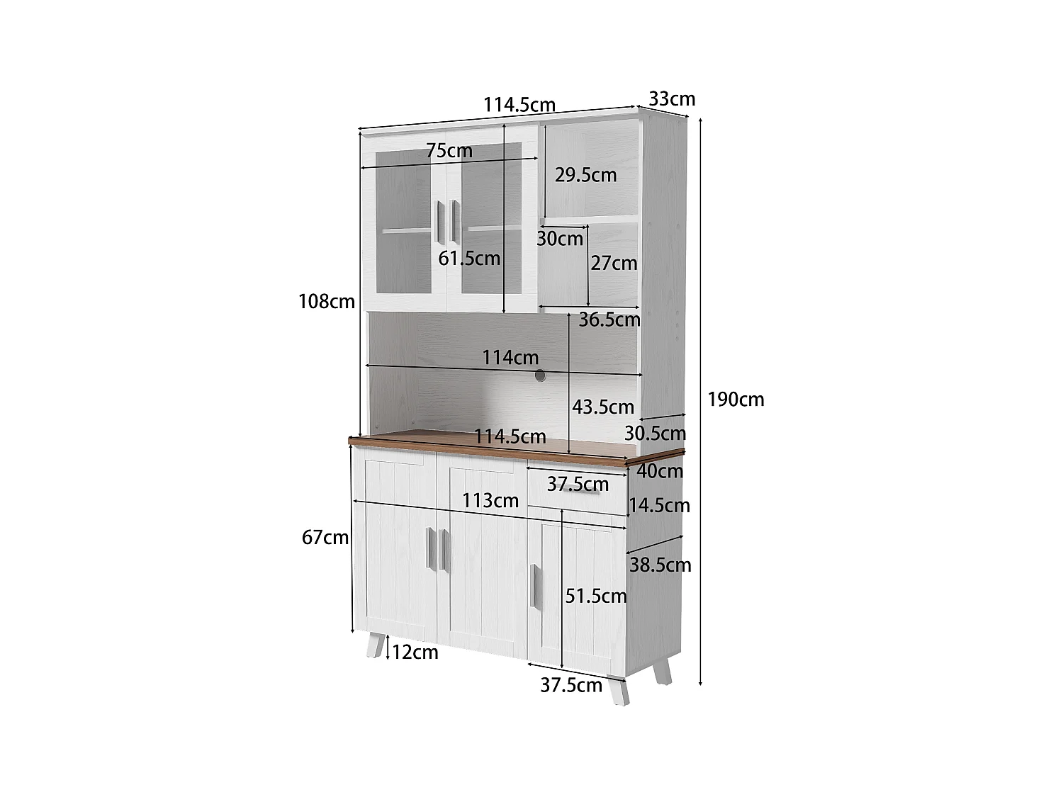 Buffet haut blanc effet bois 114x40x190 cm, grand espace de rangement, design moderne et épuré, idéal salon et salle à manger