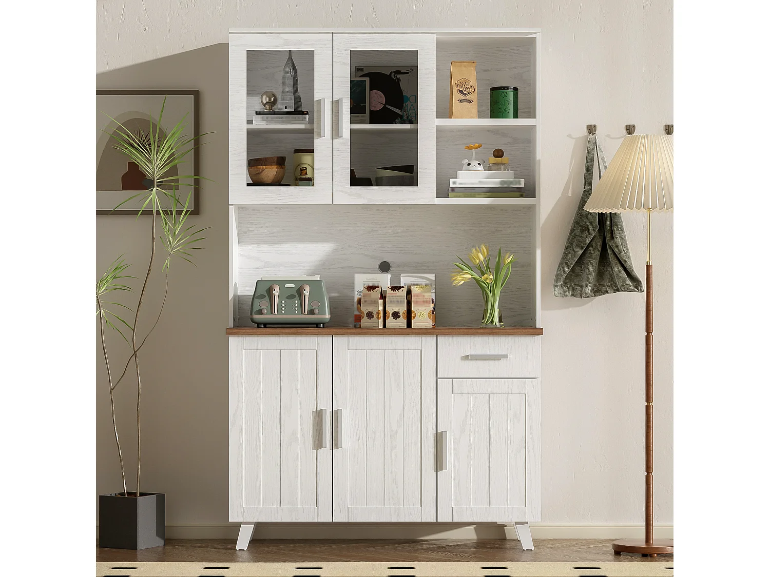 Witte hoge dressoir met houtlook 114x40x190 cm, veel opbergruimte, modern en verfijnd design, ideaal voor woonkamer en eetkamer