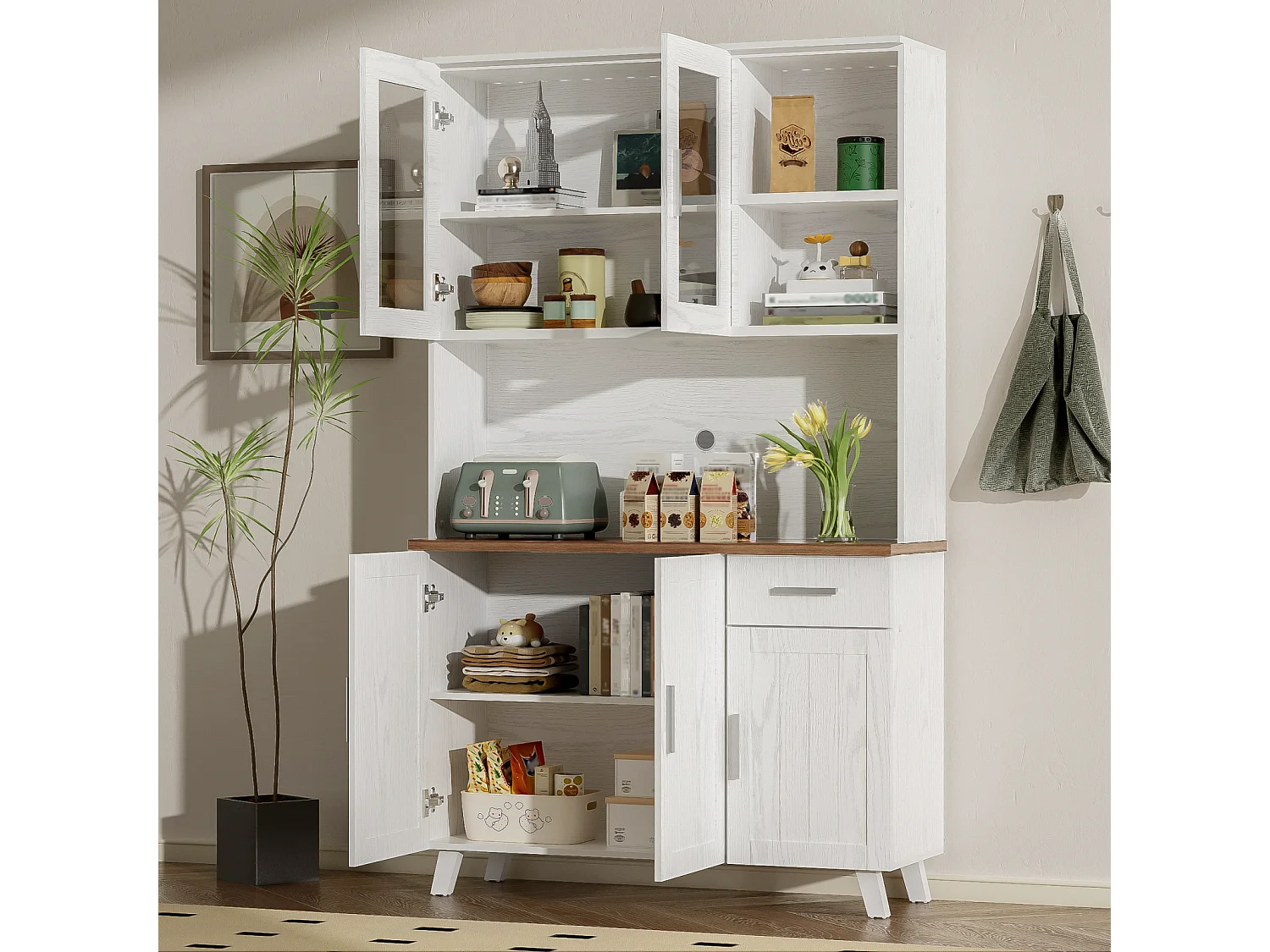 Witte hoge dressoir met houtlook 114x40x190 cm, veel opbergruimte, modern en verfijnd design, ideaal voor woonkamer en eetkamer