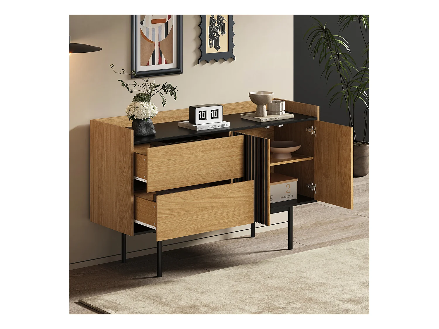 Buffet moderne minimaliste en bois naturel et noir avec 2 tiroirs et étagère réglable – Design élégant et fonctionnel pour salon et salle à manger