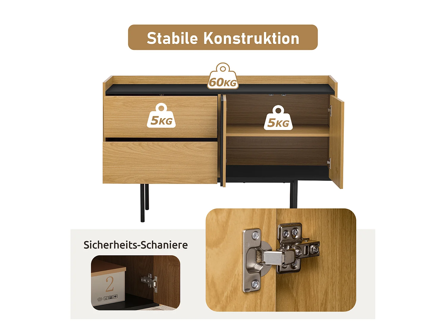 Buffet moderne minimaliste en bois naturel et noir avec 2 tiroirs et étagère réglable – Design élégant et fonctionnel pour salon et salle à manger