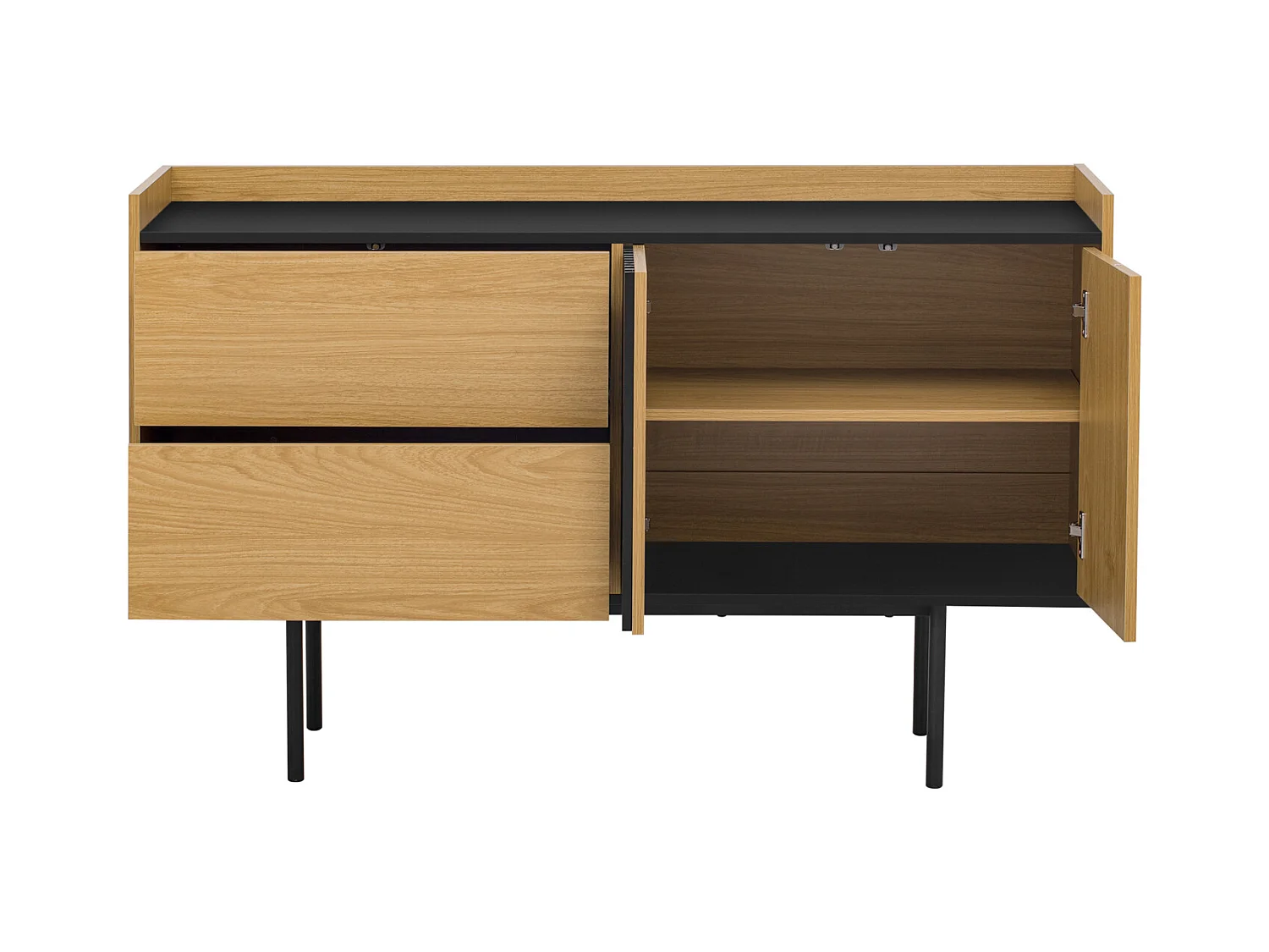 Buffet moderne minimaliste en bois naturel et noir avec 2 tiroirs et étagère réglable – Design élégant et fonctionnel pour salon et salle à manger