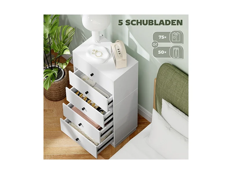 Commode moderne 5 tiroirs en bois composite – Meuble de rangement pour salon, chambre et couloir, 47×29×95 cm, blanc