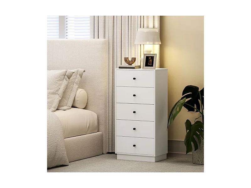 Commode moderne 5 tiroirs en bois composite – Meuble de rangement pour salon, chambre et couloir, 47×29×95 cm, blanc