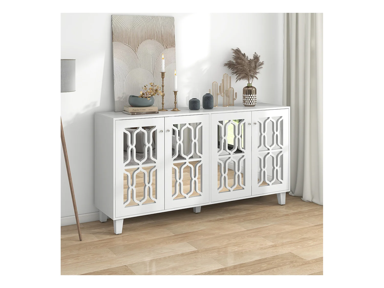Buffet miroir blanc 160 x 40 x 84 cm – 4 portes avec poignées en cristal – Stratifié amovible – Meuble pour salon et salle à manger