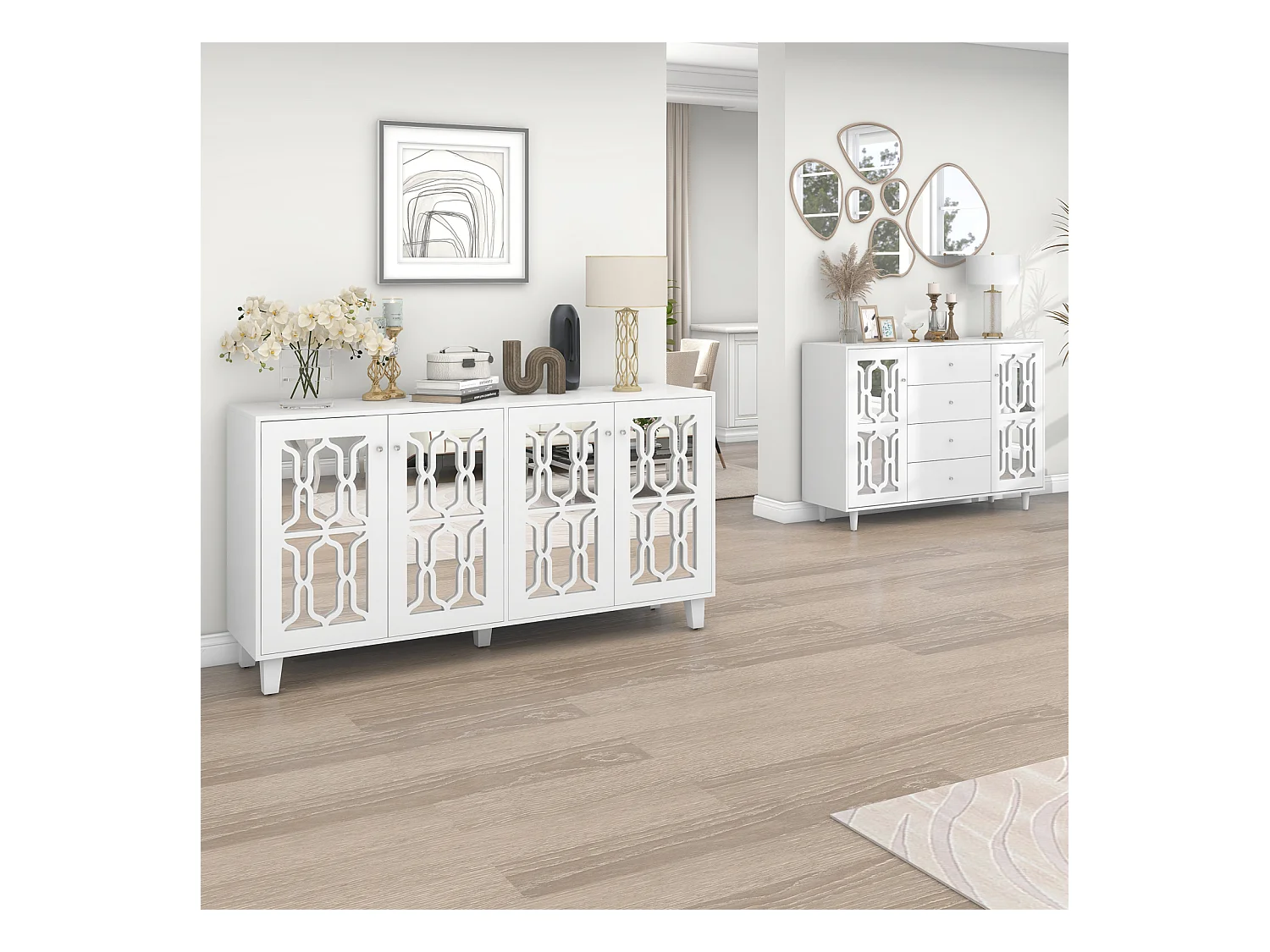 Buffet miroir blanc 160 x 40 x 84 cm – 4 portes avec poignées en cristal – Stratifié amovible – Meuble pour salon et salle à manger