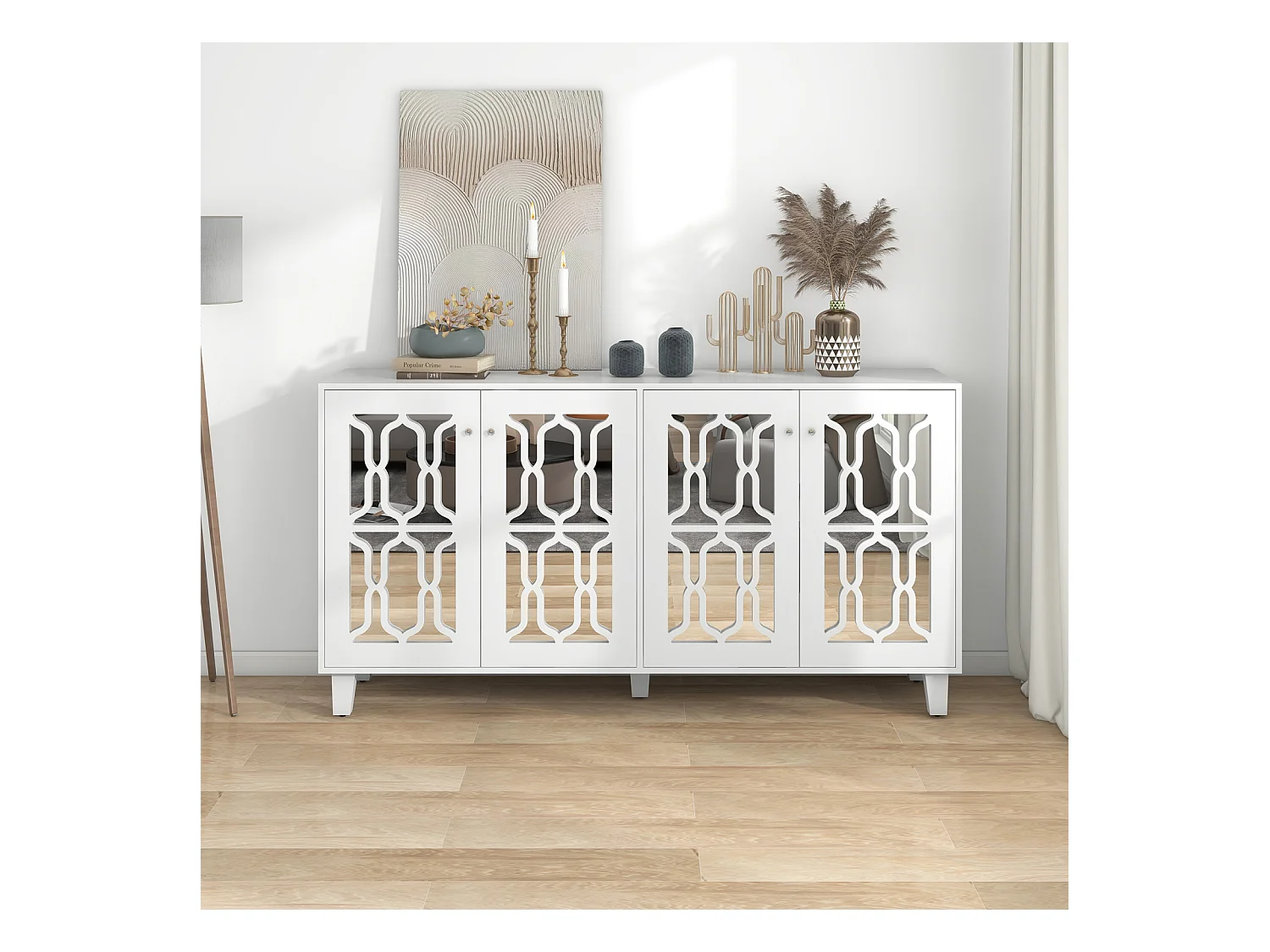 Buffet miroir blanc 160 x 40 x 84 cm – 4 portes avec poignées en cristal – Stratifié amovible – Meuble pour salon et salle à manger