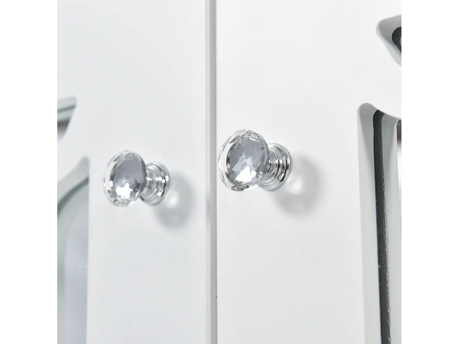 Aparador blanco con espejo 160 x 40 x 84 cm – 4 puertas con tiradores de cristal – Laminado desenfundable – Mueble para salón y comedor