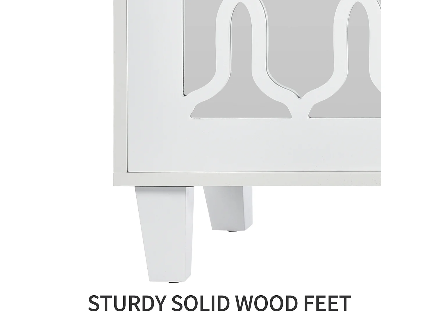 Aparador blanco con espejo 160 x 40 x 84 cm – 4 puertas con tiradores de cristal – Laminado desenfundable – Mueble para salón y comedor