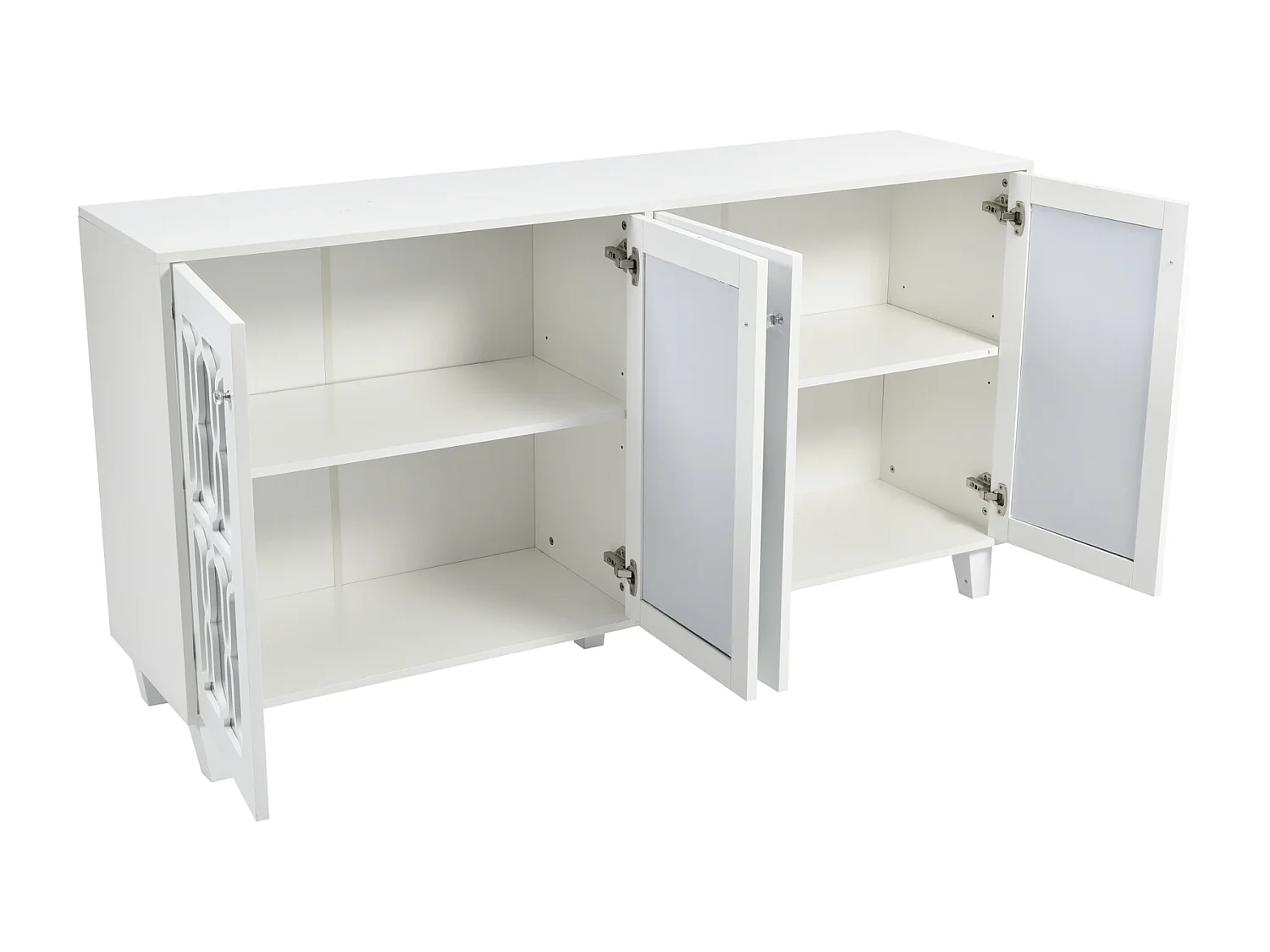 Aparador blanco con espejo 160 x 40 x 84 cm – 4 puertas con tiradores de cristal – Laminado desenfundable – Mueble para salón y comedor