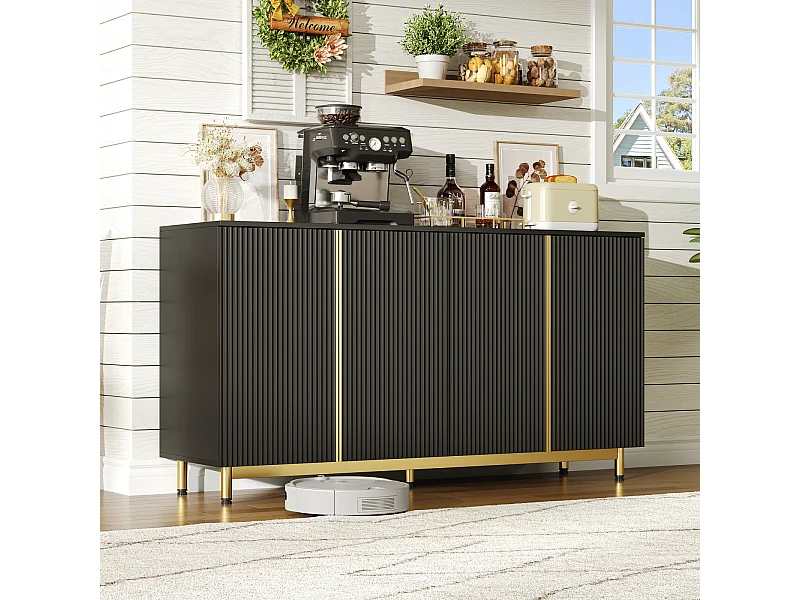 Zwarte dressoir, golvende reliëfdeuren, verstelbare metalen poten, modern design, anti-kantel, ideaal voor eetkamer, keuken en woonkamer