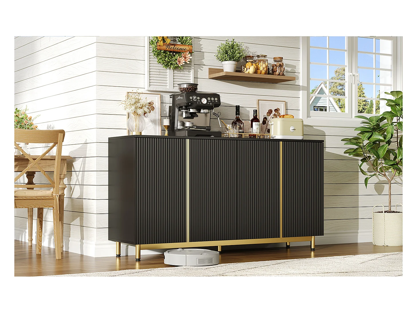 Buffet noir, portes à relief ondulé, pieds métalliques réglables, design moderne, anti-basculement, idéal salle à manger, cuisine et salon