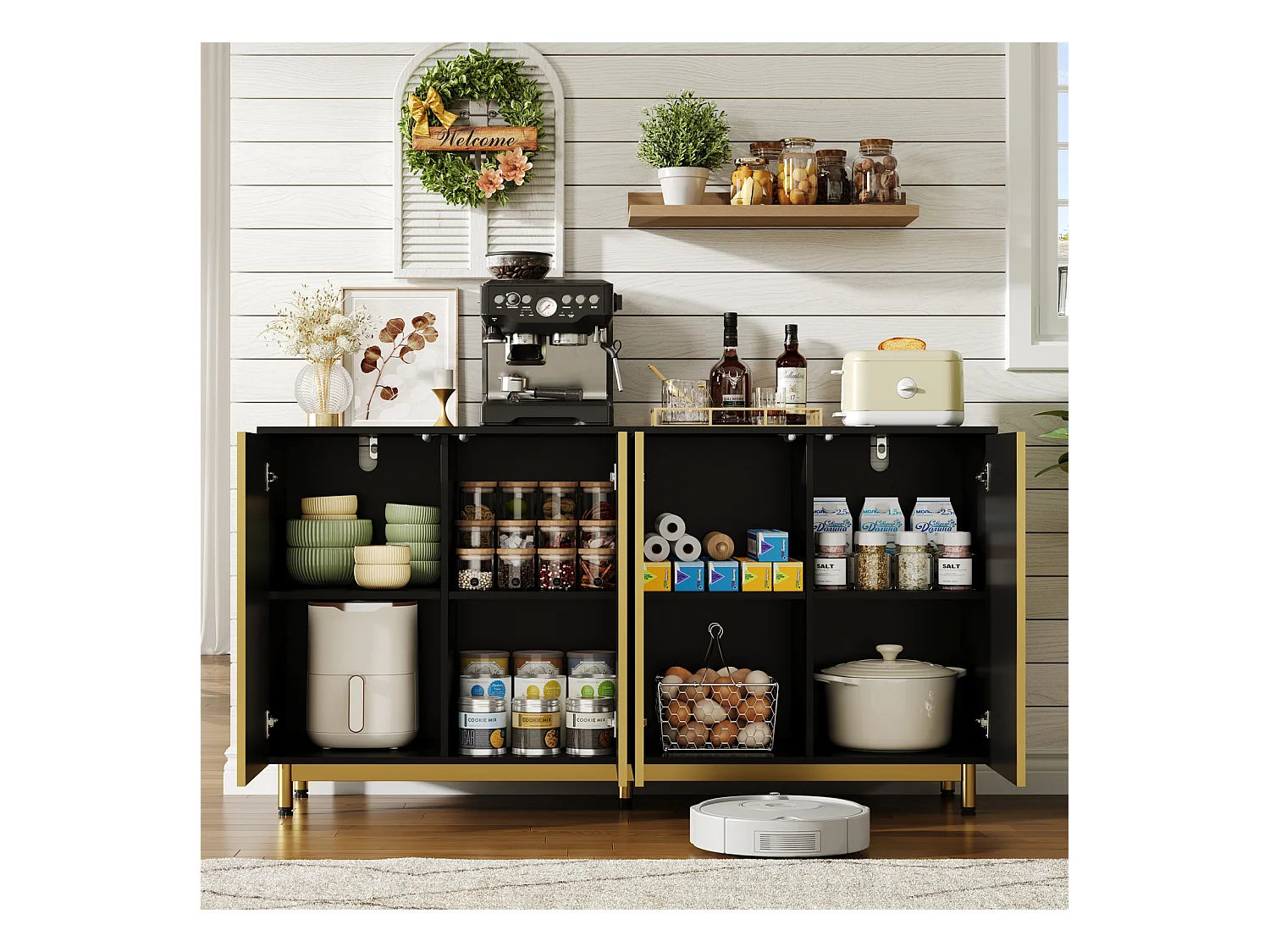 Buffet noir, portes à relief ondulé, pieds métalliques réglables, design moderne, anti-basculement, idéal salle à manger, cuisine et salon