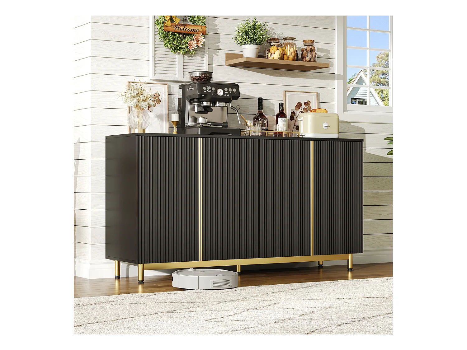 Zwarte dressoir, golvende reliëfdeuren, verstelbare metalen poten, modern design, anti-kantel, ideaal voor eetkamer, keuken en woonkamer