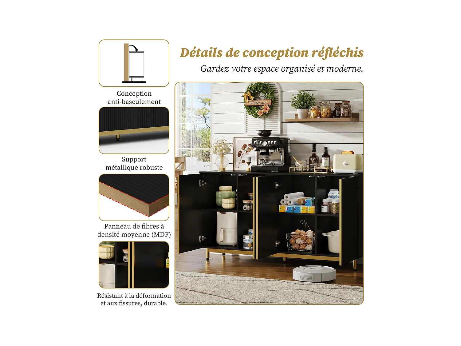 Buffet noir, portes à relief ondulé, pieds métalliques réglables, design moderne, anti-basculement, idéal salle à manger, cuisine et salon