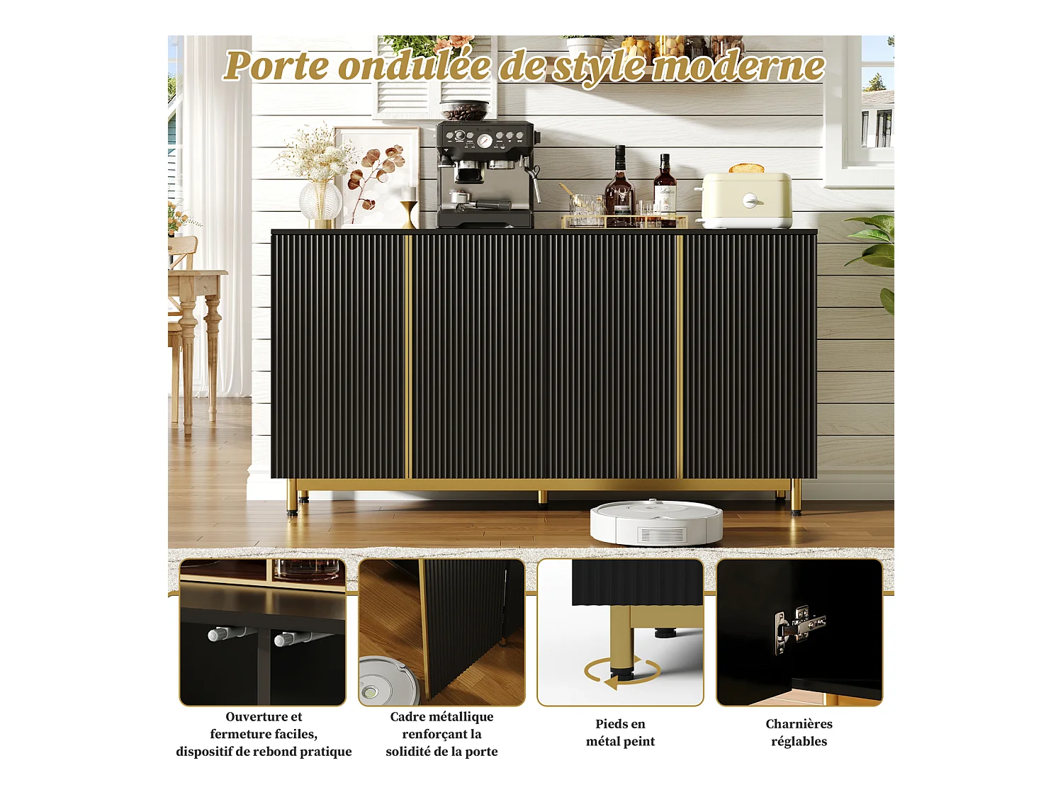 Buffet noir, portes à relief ondulé, pieds métalliques réglables, design moderne, anti-basculement, idéal salle à manger, cuisine et salon