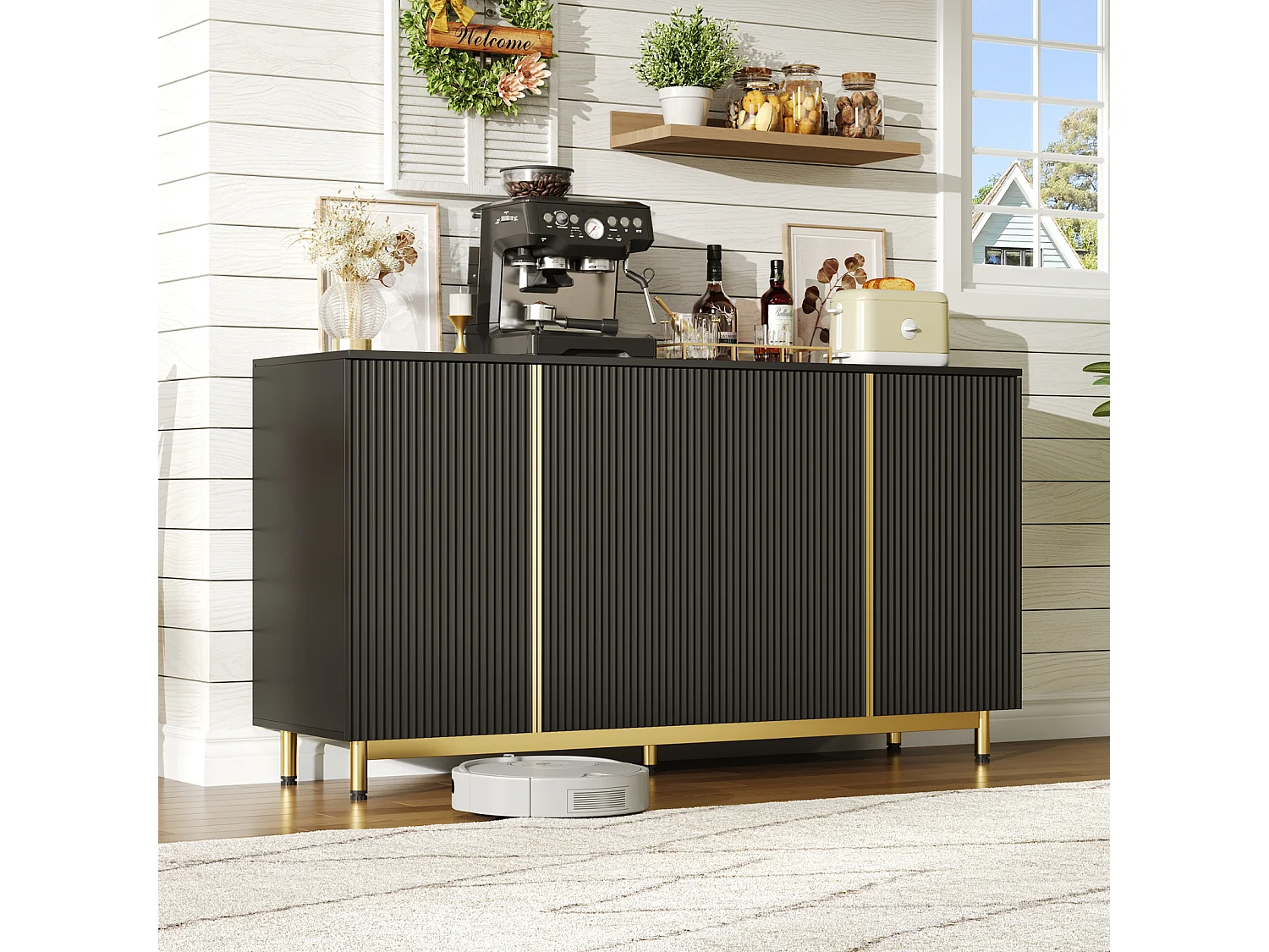 Zwarte dressoir, golvende reliëfdeuren, verstelbare metalen poten, modern design, anti-kantel, ideaal voor eetkamer, keuken en woonkamer