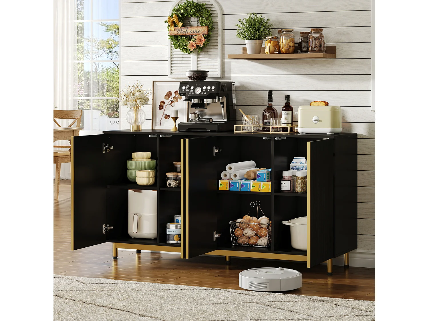 Zwarte dressoir, golvende reliëfdeuren, verstelbare metalen poten, modern design, anti-kantel, ideaal voor eetkamer, keuken en woonkamer