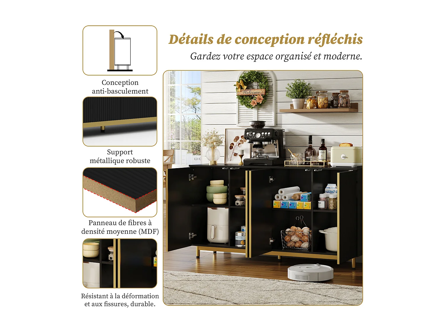 Zwarte dressoir, golvende reliëfdeuren, verstelbare metalen poten, modern design, anti-kantel, ideaal voor eetkamer, keuken en woonkamer