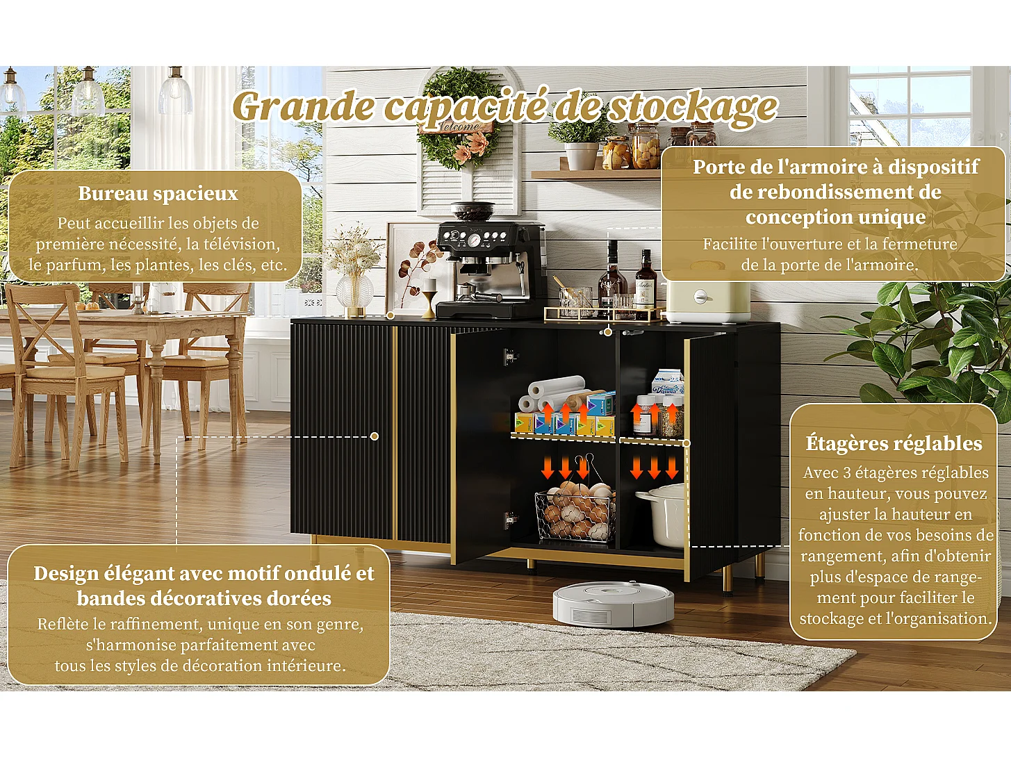 Zwarte dressoir, golvende reliëfdeuren, verstelbare metalen poten, modern design, anti-kantel, ideaal voor eetkamer, keuken en woonkamer