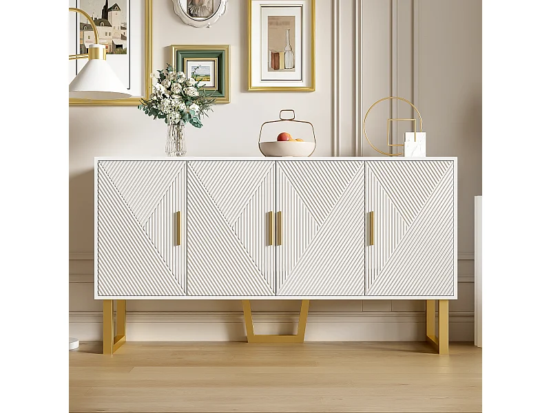 Aparador blanco moderno, puertas con textura brillante, tiradores dorados, diseño de 4 puertas, estantes ajustables, ideal para sala, comedor.