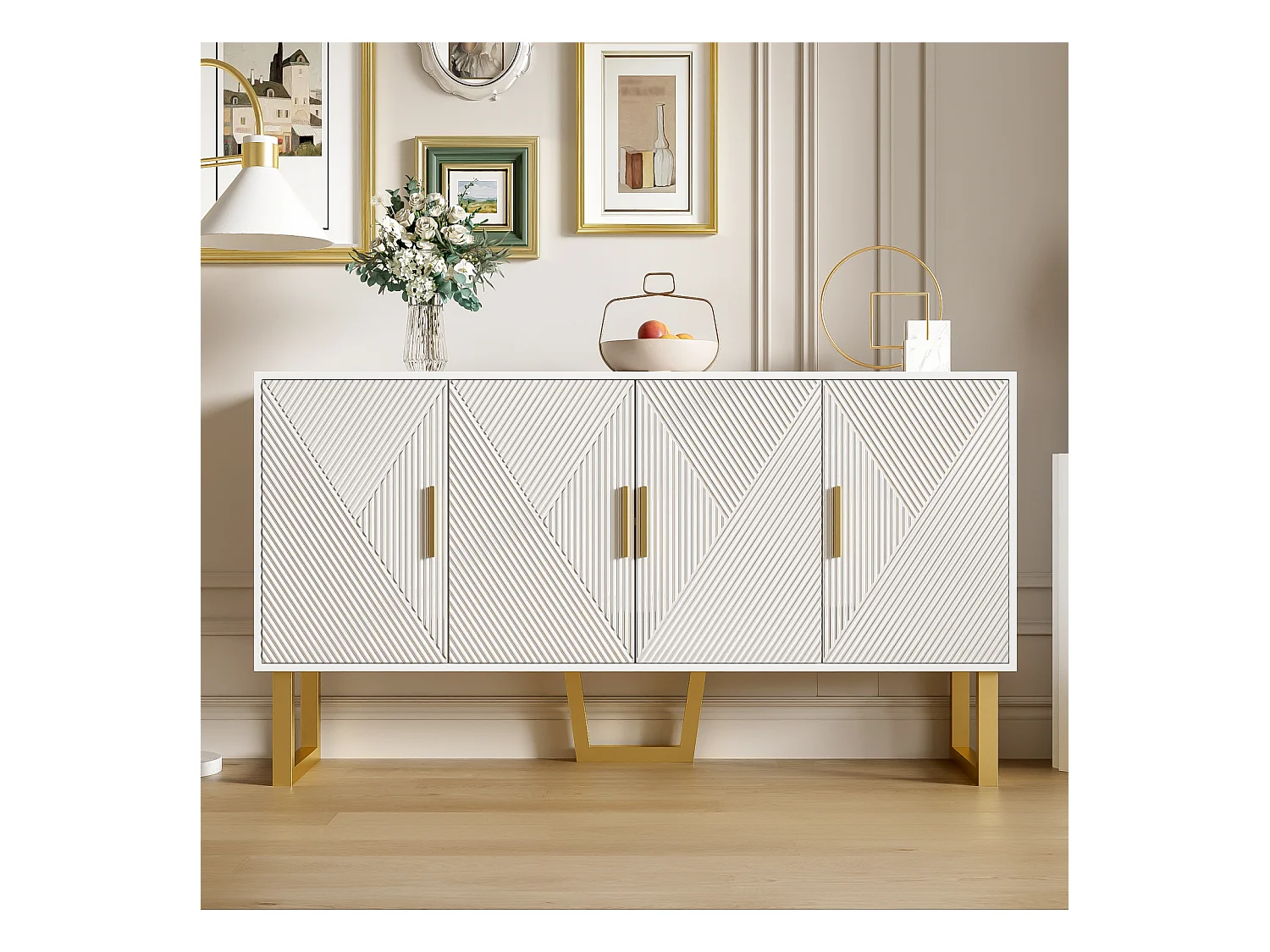 Buffet moderne blanc, portes texturées brillantes, poignées dorées, design 4 portes, étagères réglables, idéal salon, salle à manger