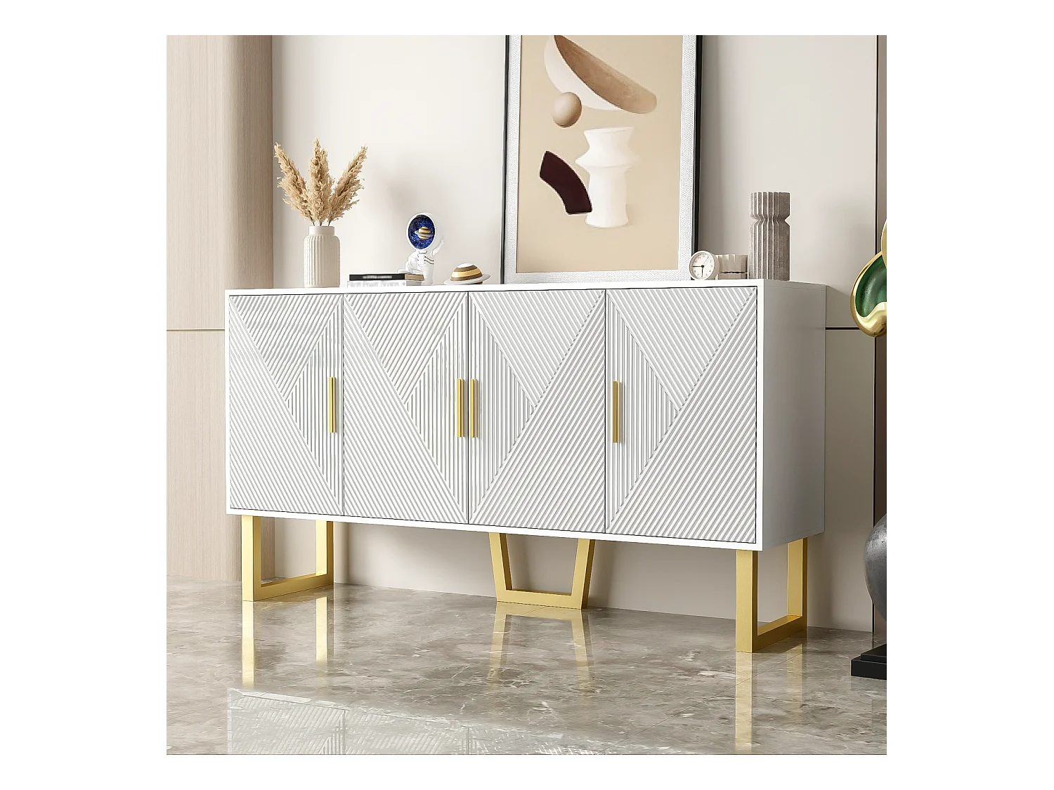 Buffet moderne blanc, portes texturées brillantes, poignées dorées, design 4 portes, étagères réglables, idéal salon, salle à manger
