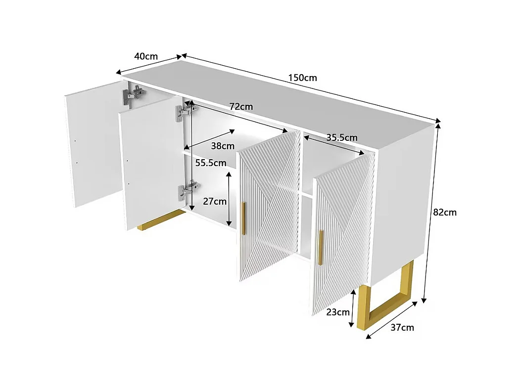 Buffet moderne blanc, portes texturées brillantes, poignées dorées, design 4 portes, étagères réglables, idéal salon, salle à manger