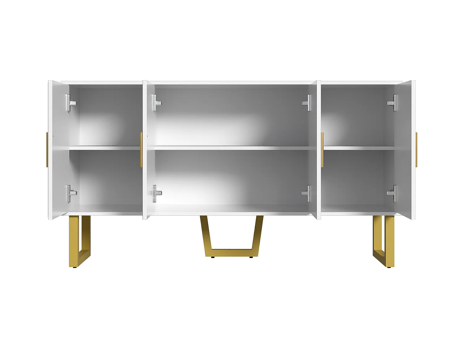 Buffet moderne blanc, portes texturées brillantes, poignées dorées, design 4 portes, étagères réglables, idéal salon, salle à manger