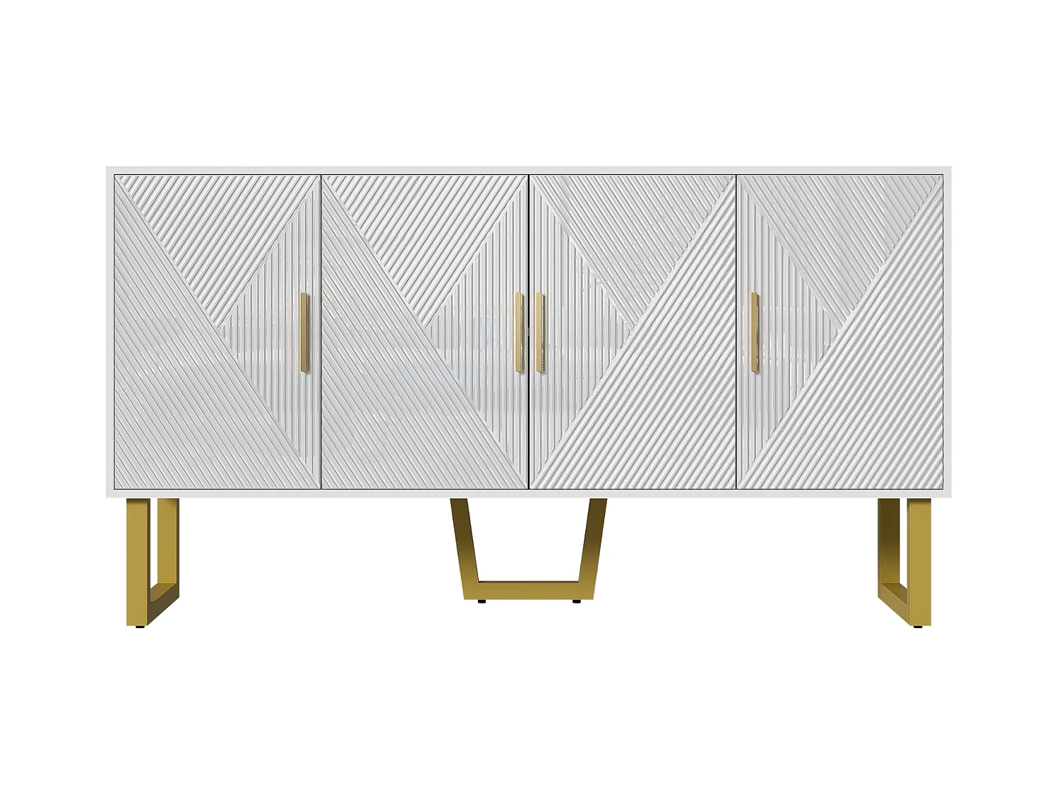 Buffet moderne blanc, portes texturées brillantes, poignées dorées, design 4 portes, étagères réglables, idéal salon, salle à manger