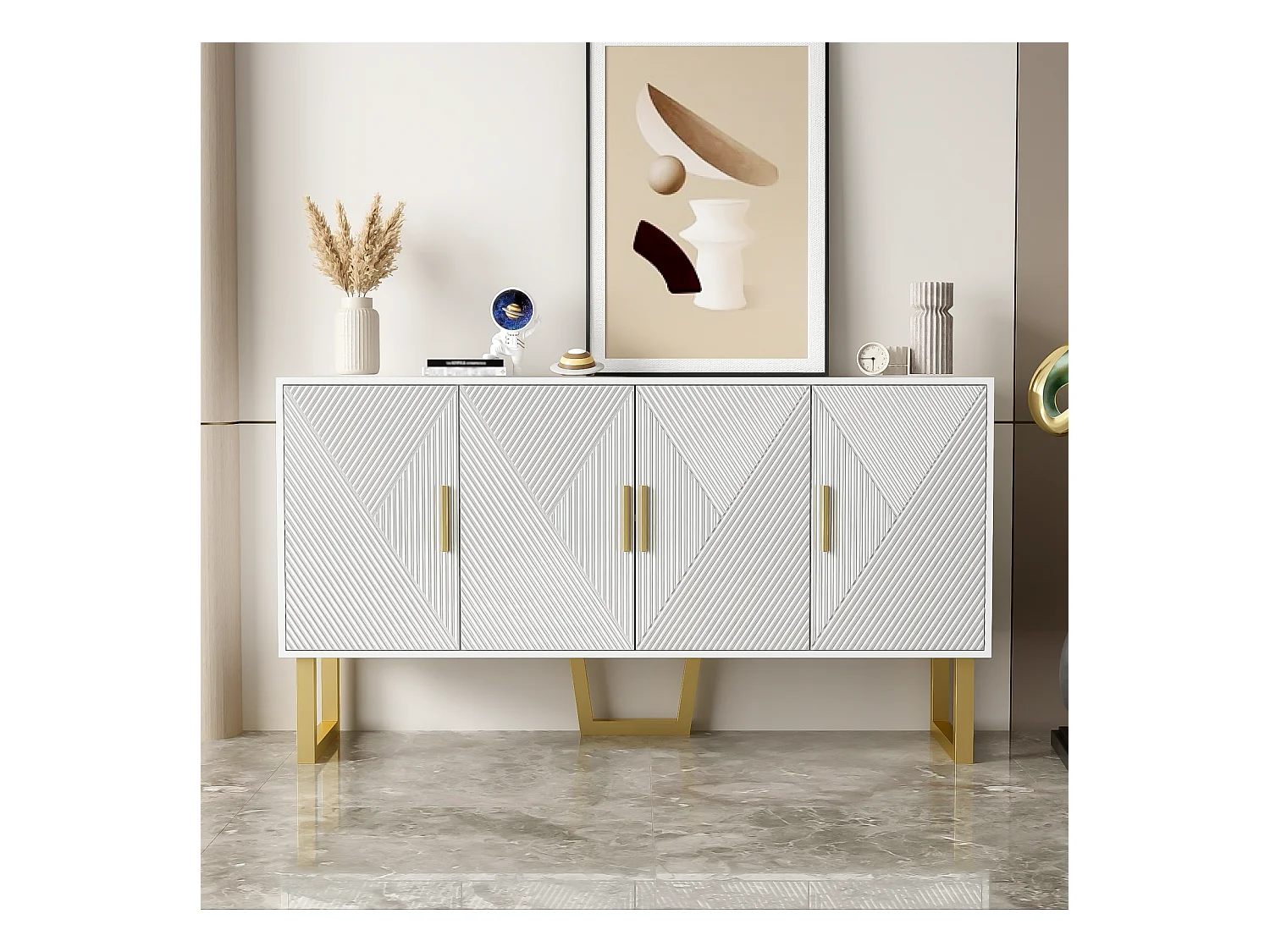 Buffet moderne blanc, portes texturées brillantes, poignées dorées, design 4 portes, étagères réglables, idéal salon, salle à manger