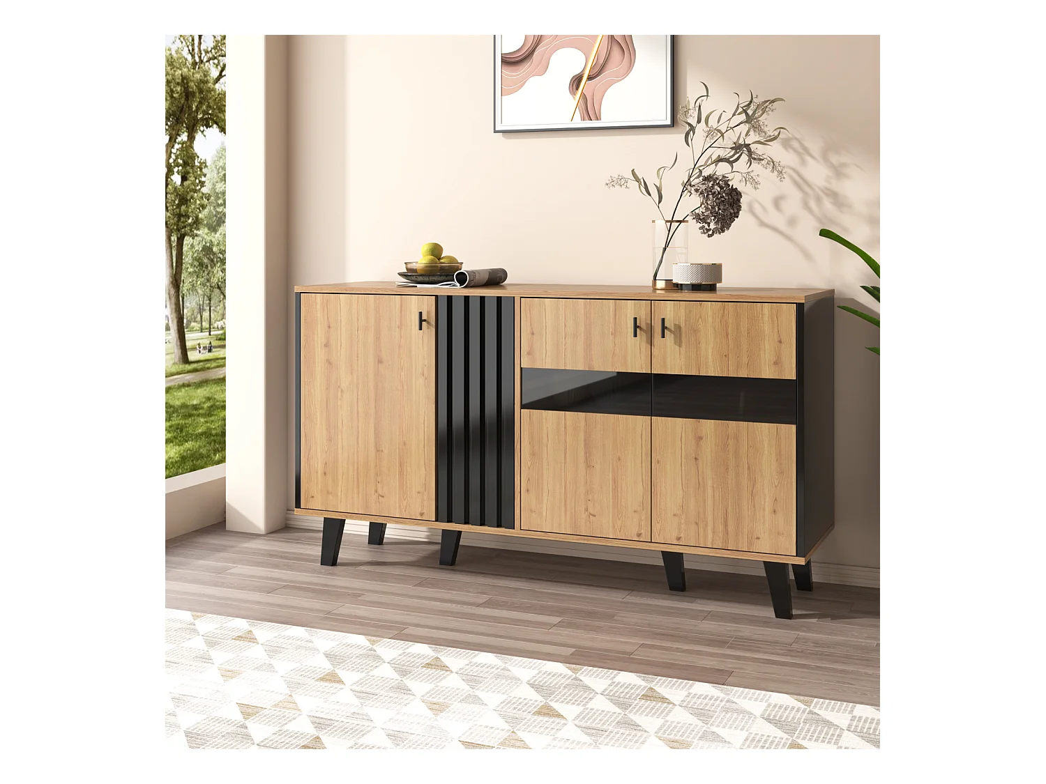 Buffet bois et noir 140x78,5x41 cm, LED et portes en verre, rangement polyvalent, idéal salon, salle à manger et chambre