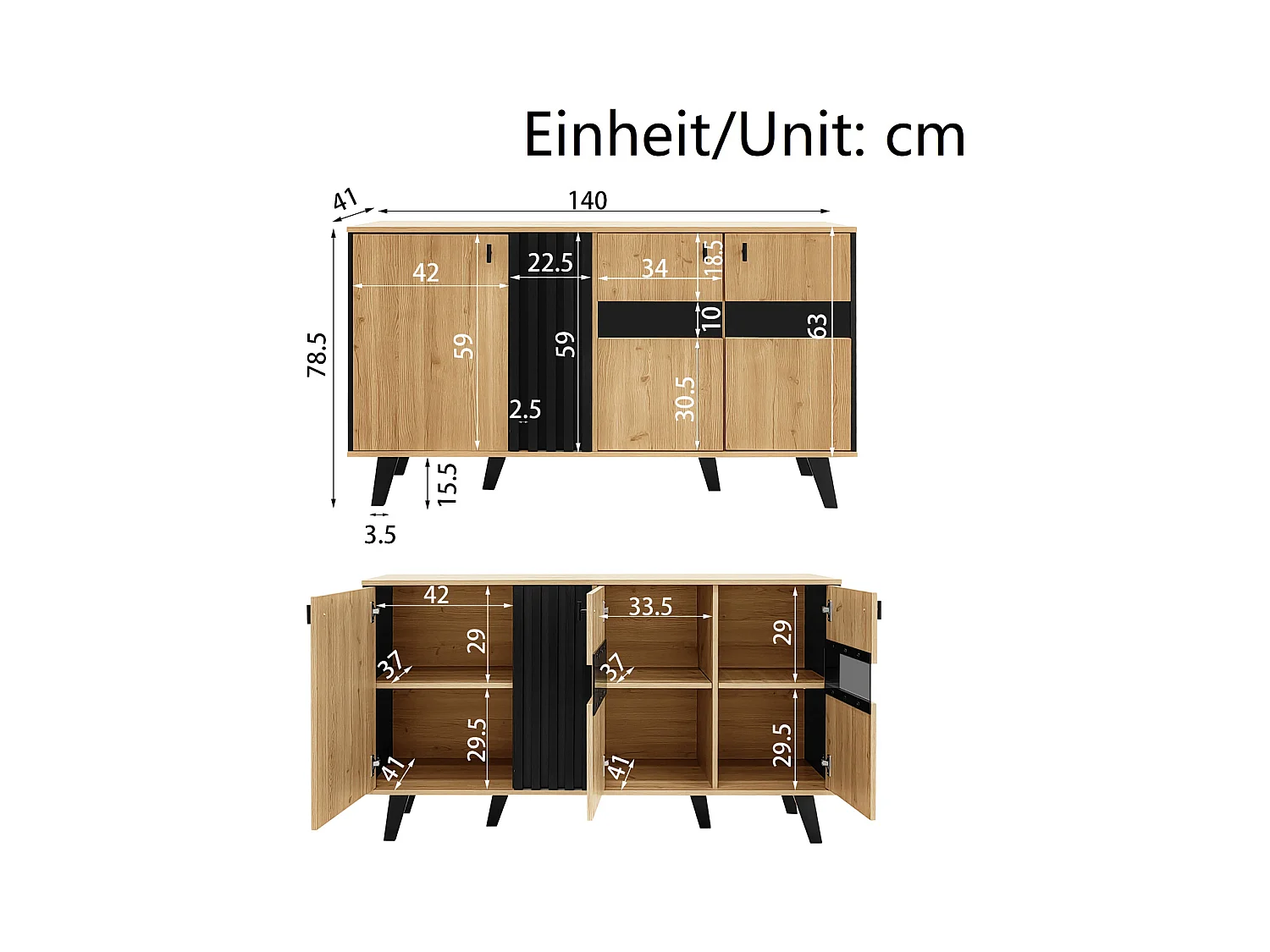 Buffet bois et noir 140x78,5x41 cm, LED et portes en verre, rangement polyvalent, idéal salon, salle à manger et chambre
