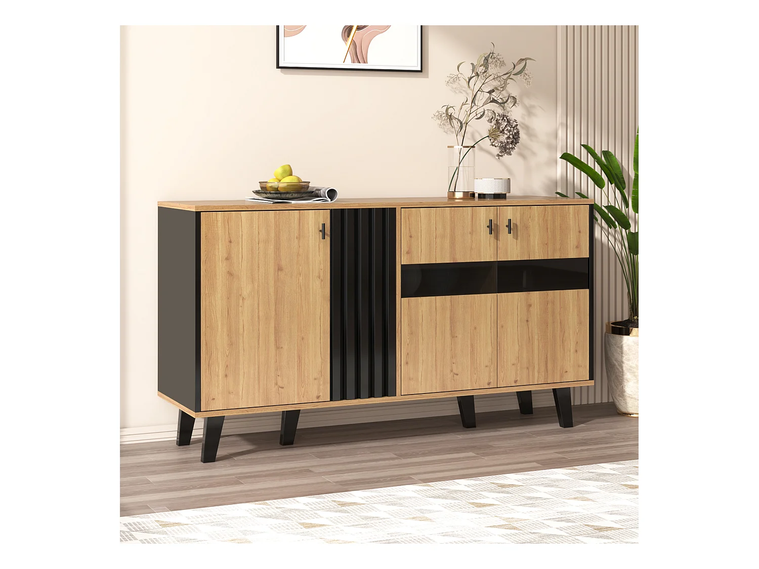 Buffet bois et noir 140x78,5x41 cm, LED et portes en verre, rangement polyvalent, idéal salon, salle à manger et chambre