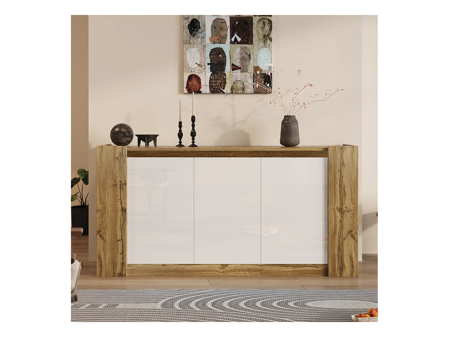 Buffet sans poignées blanc laqué et bois – charnières à fermeture douce et étagères réglables, élégant et pratique pour salon ou salle à manger